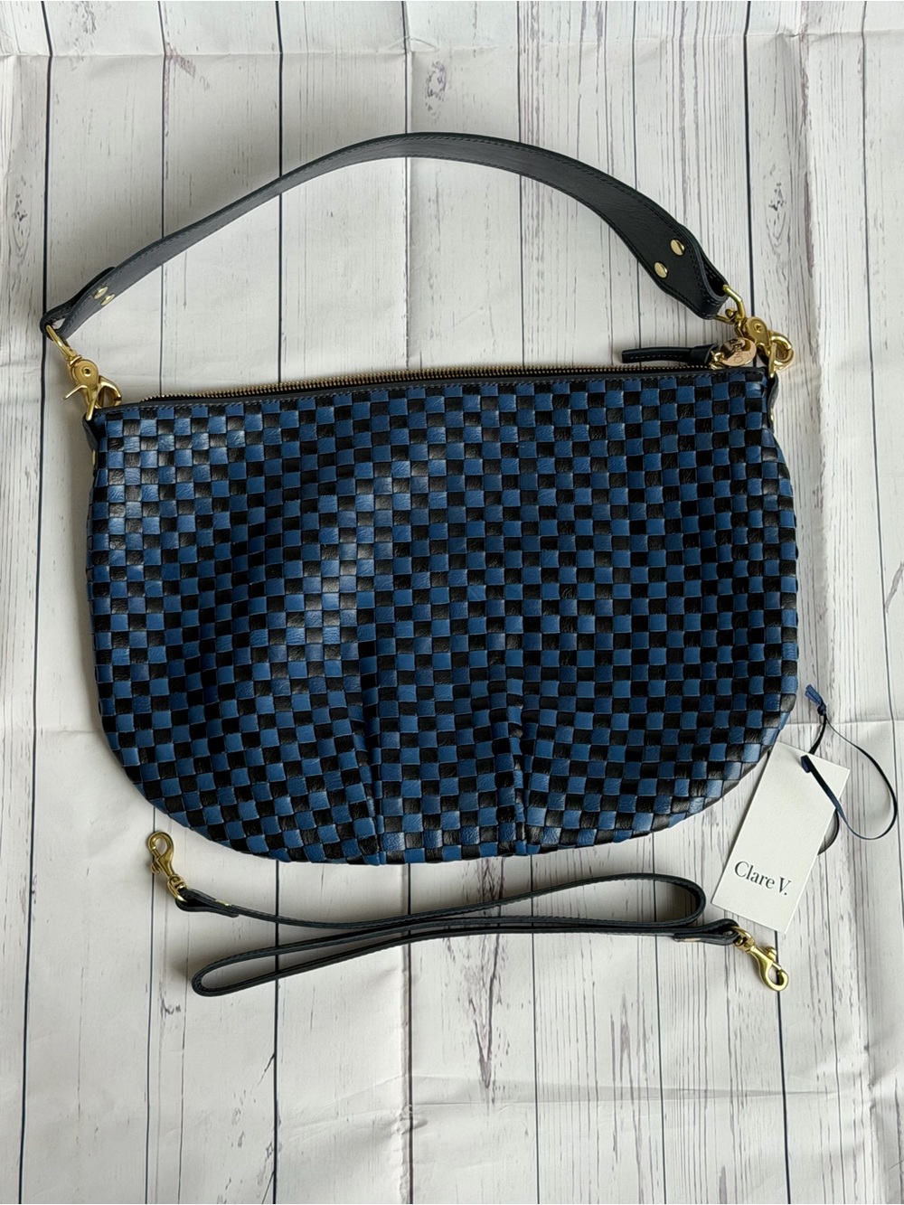 EUC - Clare V. Moyen Messenger – Black/Cobalt Woven Checker